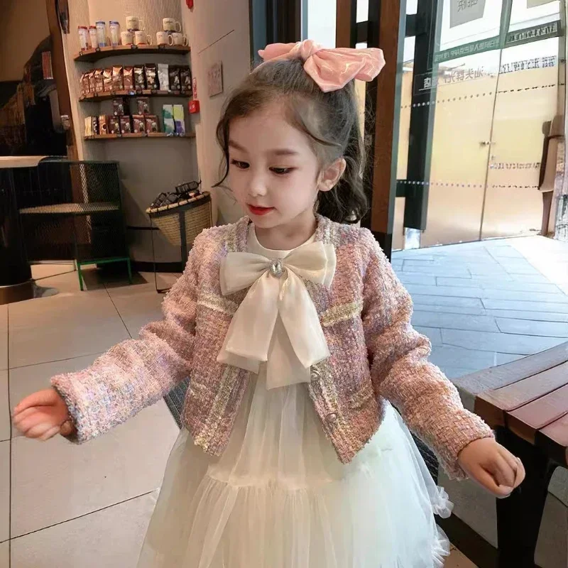 

Girls' Small Fragrance Suit Autumn Children's Fashion Coat + Mesh Patchwork Long Skirt Two-piece Set with Bow 2-7yrs
