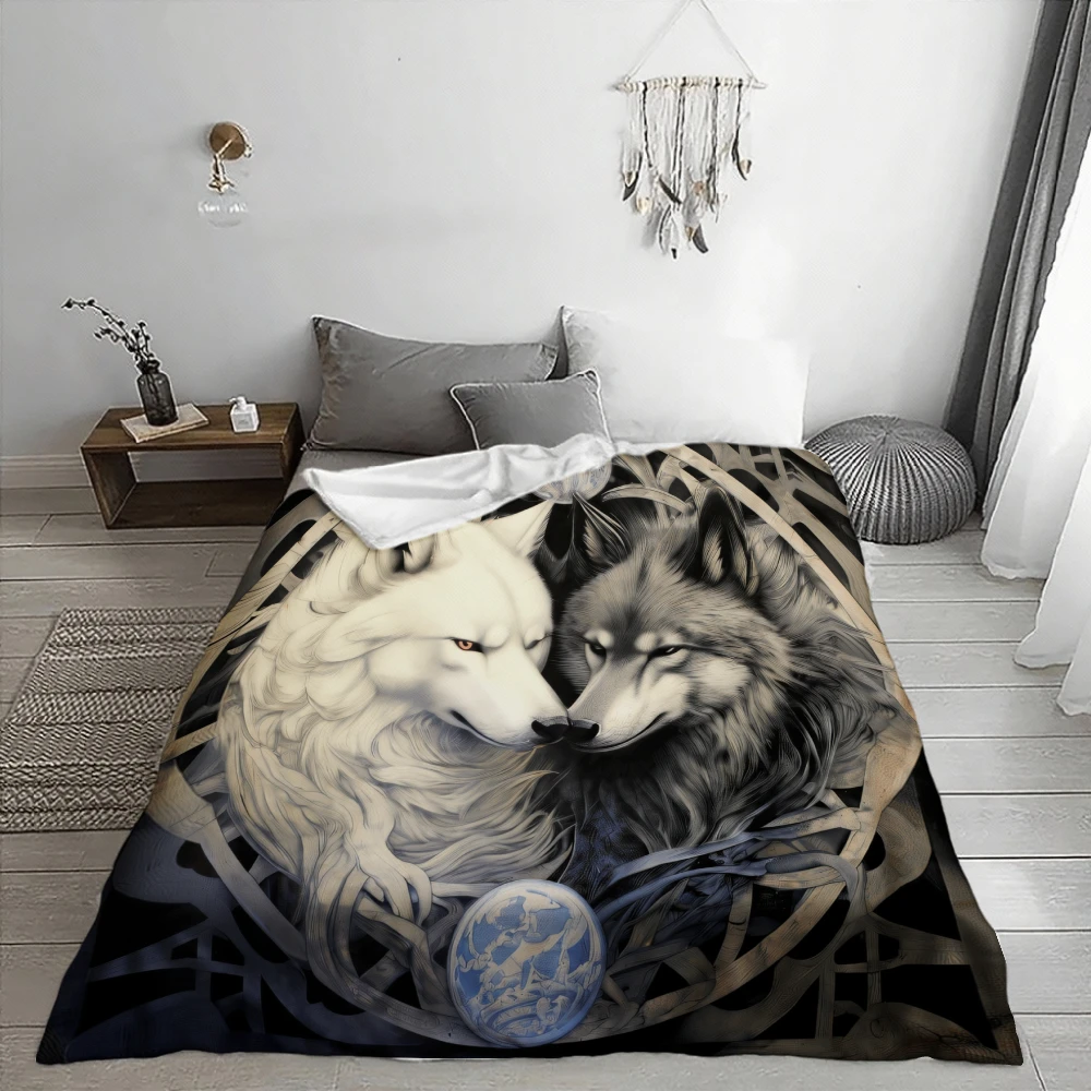 Celtic Wolf Pair Design, Gift for Wolf Lovers, Soft Fleece Blanket, Intricate Knotwork And Moon Motif, Multi-Purpose Home Decor,