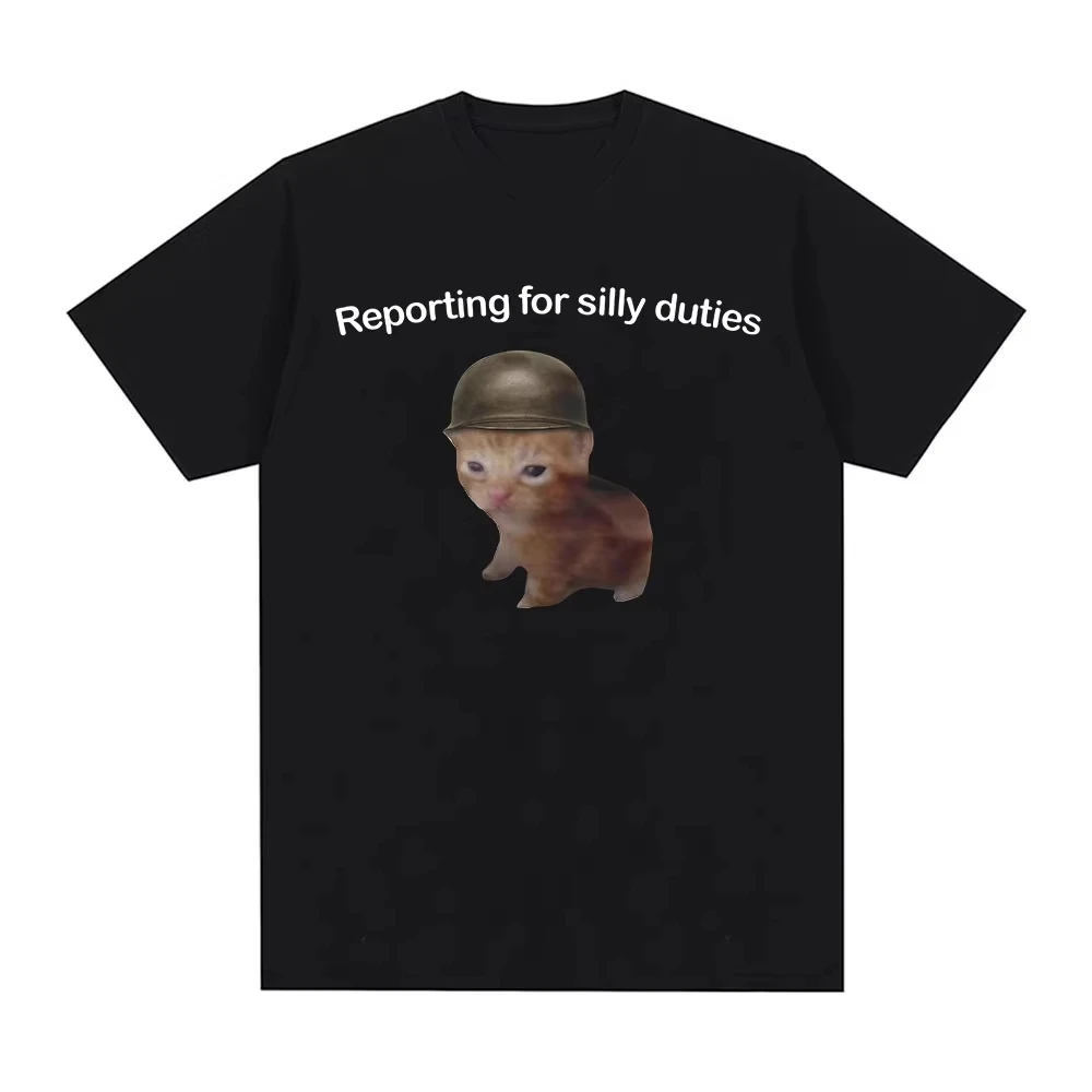 Reporting forSilly Duties Funny Cat Meme Graphic Print Cotton Blend Loose Unisex Fashion Casual Streetwear Short Sleeve Tee Tops