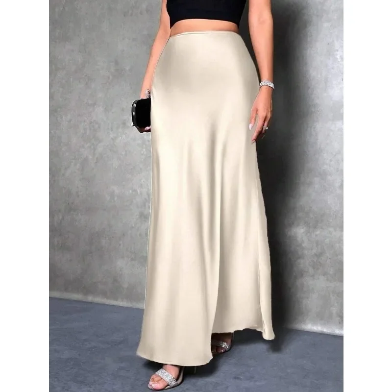 

Women's Solid Satin Long Skirt Summer Elegant A-Line Maxi Skirts For Women Casual Office Lady Simple Skirts