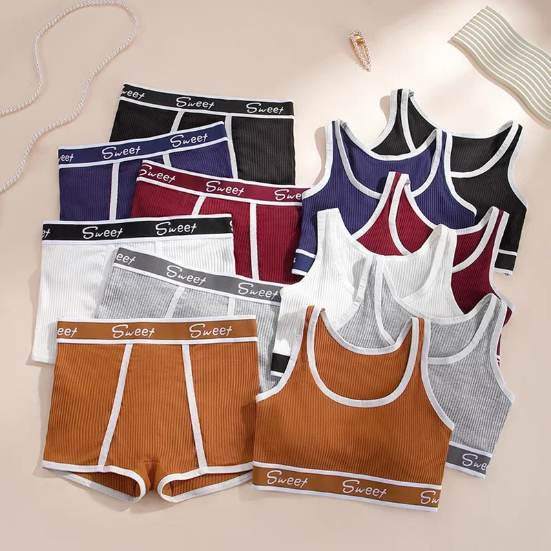 Women Seamless Underwear Set Fitness Pure Cotton Underwear Wide-brimmed Letter Sports Vest Middle Waist Boxer Briefs Bra Set