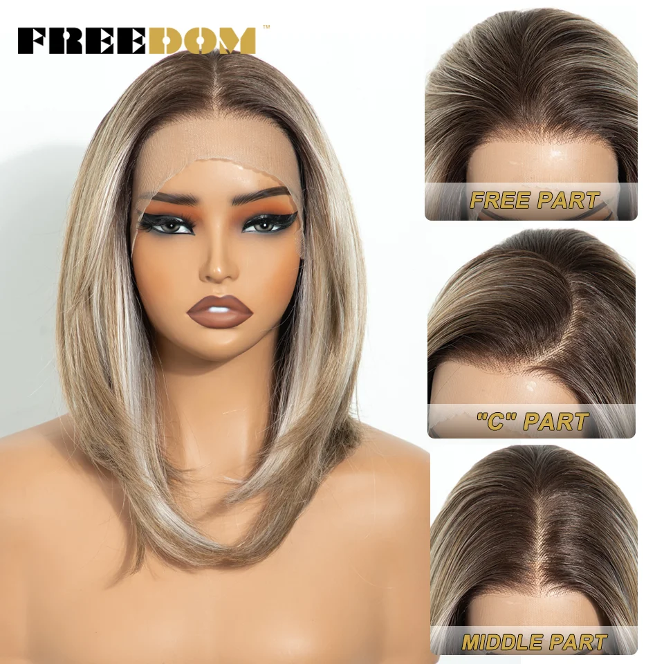 FREEDOM 13X4 Synthetische Lace-Front-Perücken für Frauen, kurze Bob-Perücke mit Pony, vorgezupfte Ombre-Braun-Blond-Spitzenperücke für den täglichen Gebrauch. – Detail 3