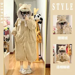 Cute Cartoon Coral Velvet Hooded Pajamas Robe Women Winter Thickened Plush Homewear Night Gown Kawaii Girls Sleepwear Bathrobe