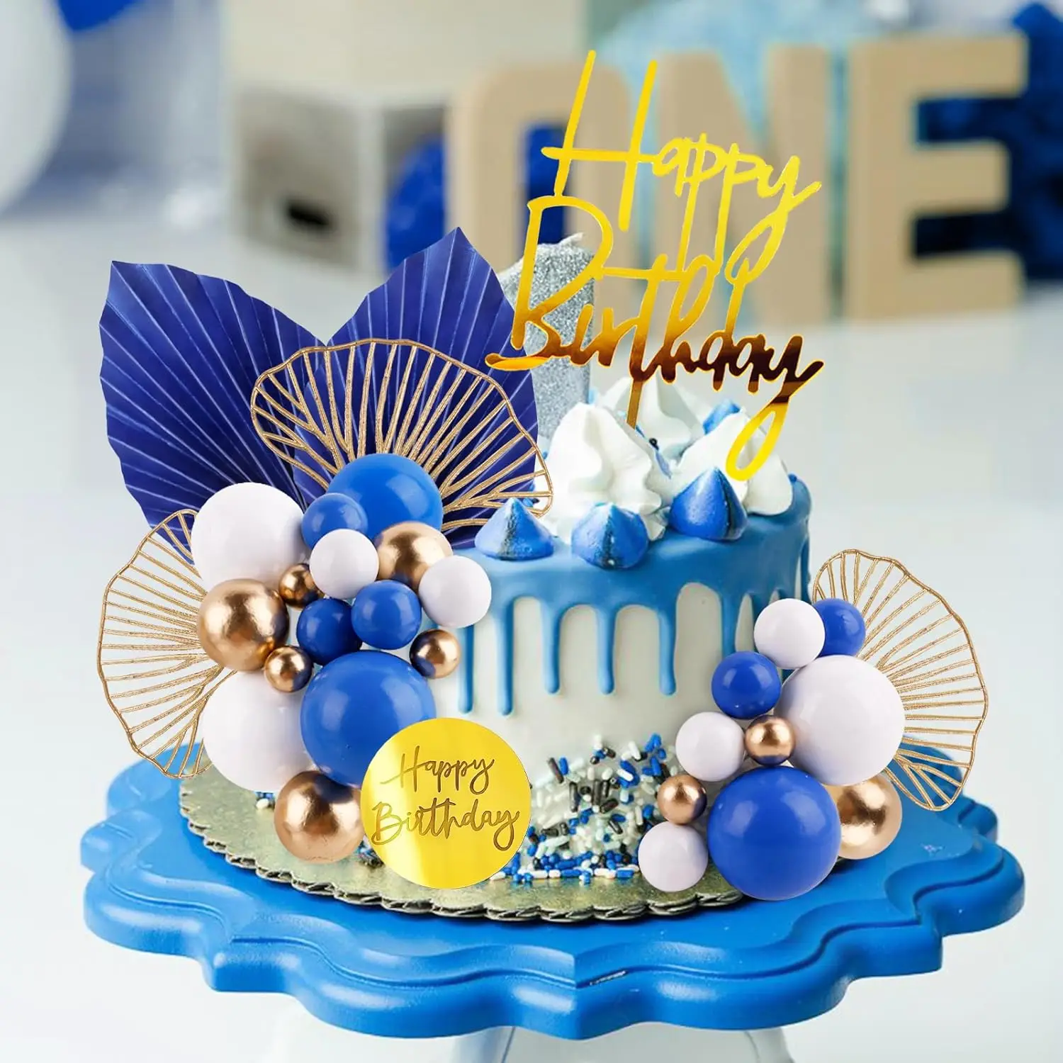 Kuchendeckel aus Weißgold mit goldenen Palmblättern, Boho-Geburtstagskuchen-Dekoration, Ballon-Kucheneinsatz für Geburtstag, Hochzeit, Party – Detail 10