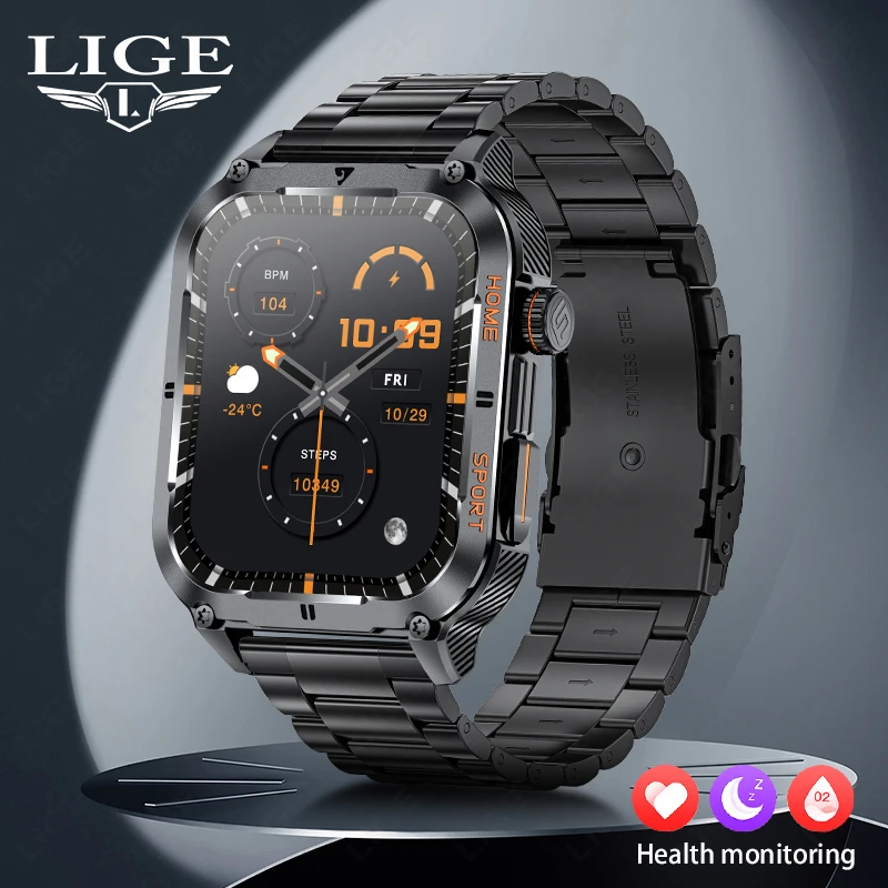 

LIGE Men Smart Watch Military 2.01'' Large Screen Health Monitor Bluetooth Call Watches Waterproof Sports Smartwatch For Android