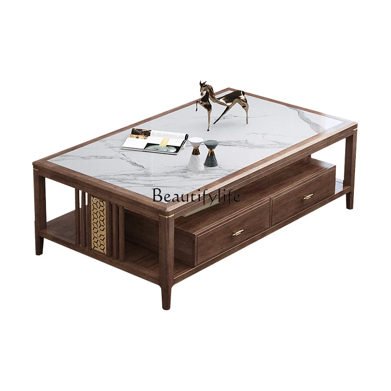 

Solid Wood Stone Plate Coffee Table Modern Minimalist Living Room Small Apartment Home Walnut Tea Table Storage