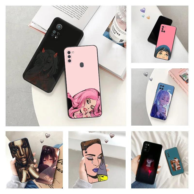 Phone Case for Samsung A40 A51 A52 A53 A54 A71 A72 A73 A74 A41 A42 A31 A32 A33 A34 Sad Girl Tears Cartoon Black Silicone Cover