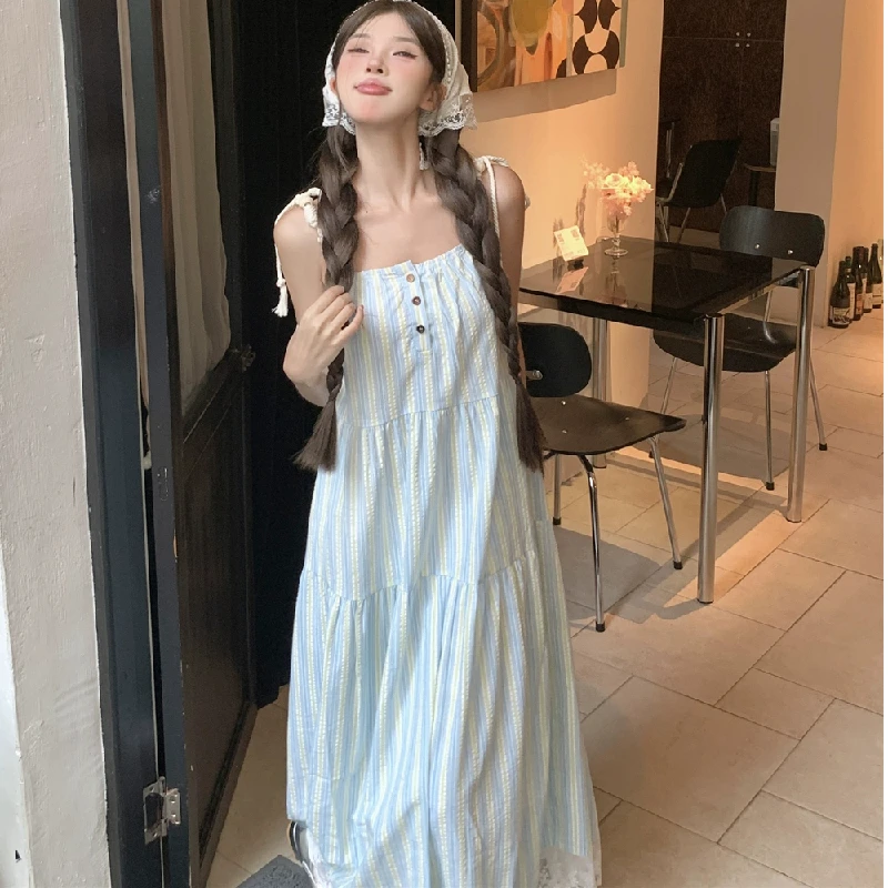 여름 바캉스 슬리블루 스트라이프 루즈 A라인 미디 드레스 여성 비치 휴가 바람 드레스 미들 웨이스트 노벨 폴리머 노 슬리...