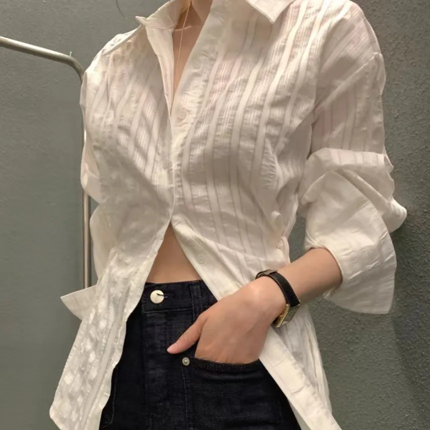 Slim Fit rayé longue Sve irt femmes Chic automne Design Sense cravate Ne boutonné minceur irt défaut trajet