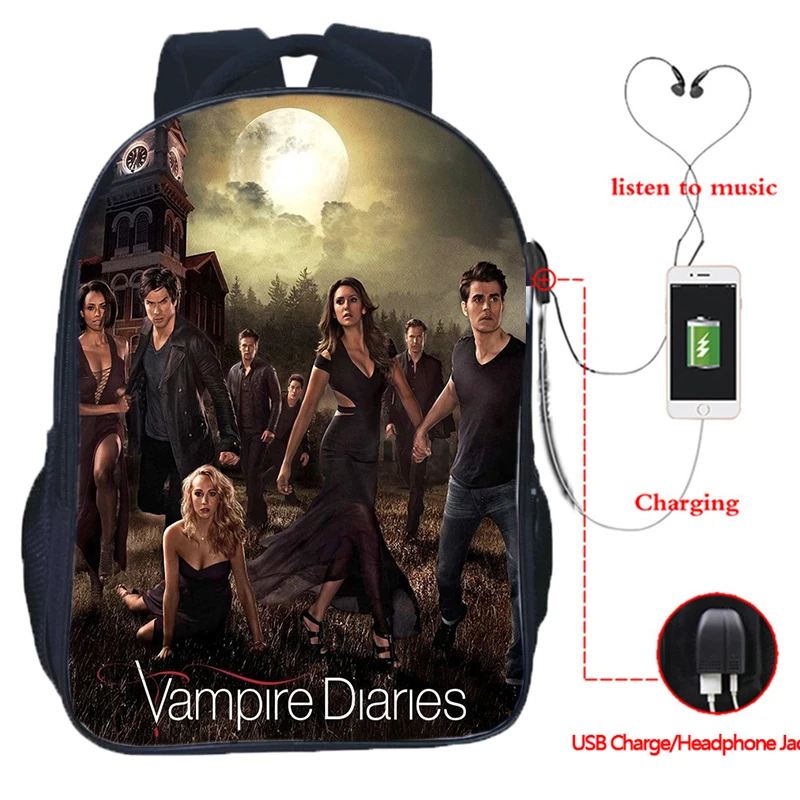 The Vampire Diaries USB Large Capacity Teenagers Cosplay Damon Shcoolbag For Students Boys Laptop Travel Backpack Kids Book Bags