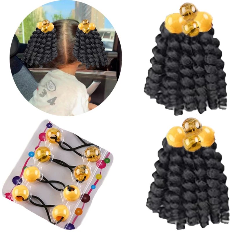 

Children's Curly 12 Roots Hair Extensions - 2Packs 8 Inch Synthetic Ponytails with Beaded Elastic Bands - (1B Natural Black)