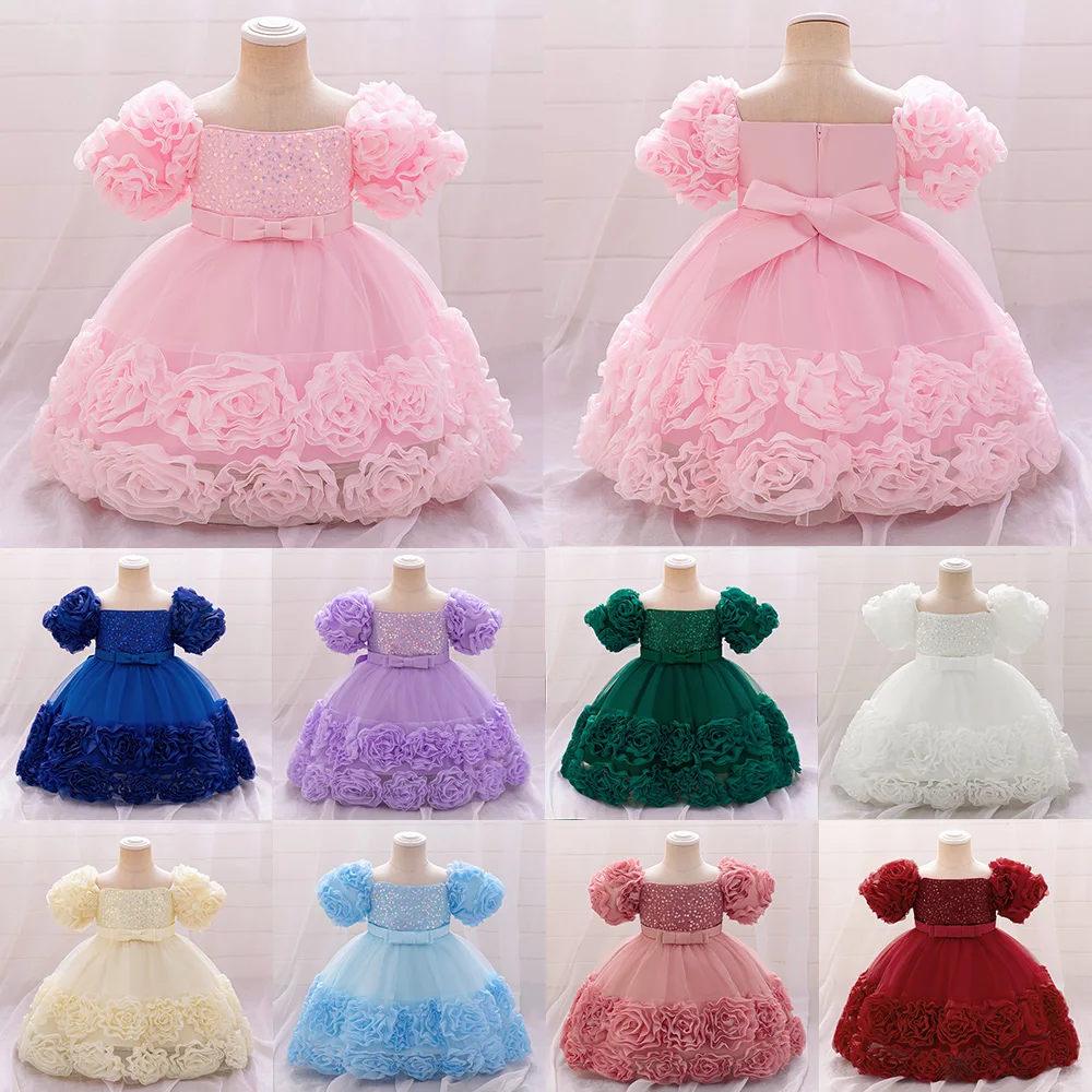 MQATZ Kids Boutique Floral Dress for Baby Girls Short Sleeve Flower Dress Children Party Dresses Sequins Evening Ball Gown