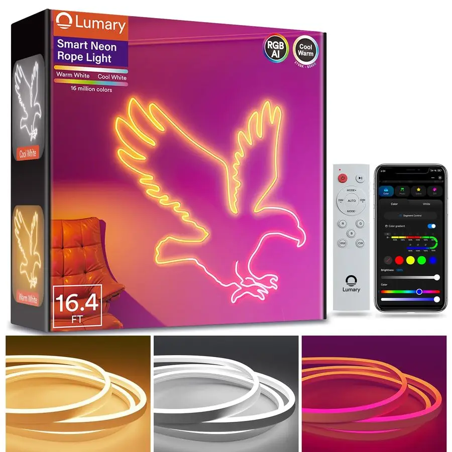 Smart RGBAICW Neon Rope Lights Indoor, 16.4ft Led Strip Light Works with Alexa Google Assistant, Warm White to Cool White Rope L