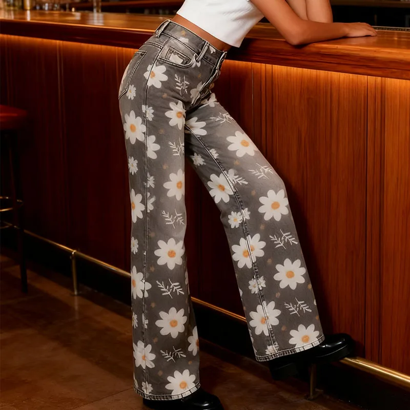 2025 Winter  Women's Y2K Jeans  American Style High Waist Daisy Print Denim Pants Loose Wide Leg Trousers