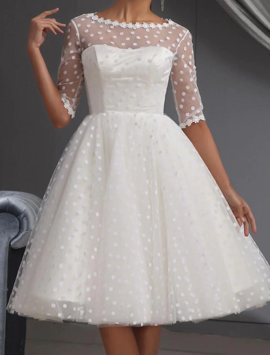 

Vintage White Short Women Prom Dress 2023 Jewel Knee Length Lace Dot Tulle Evening Formal Gowns Abendkleider Robes De Soiree