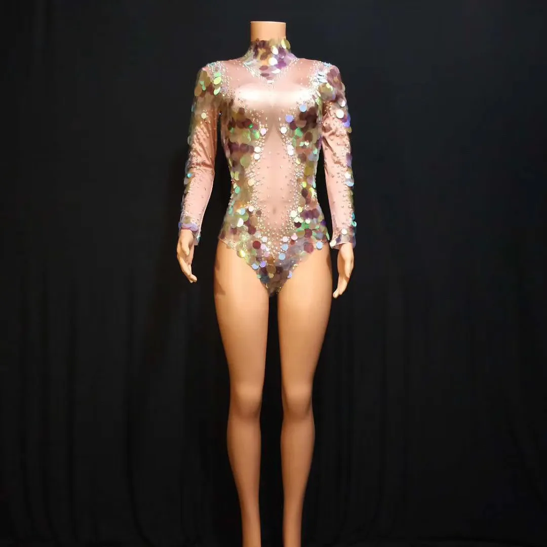 Sparkling Diamonds Women Long Sleeve Bodysuits Glistening Sequin Mermaid Tight Jumpsuits Birthday Celebrate Evening Prom Costume