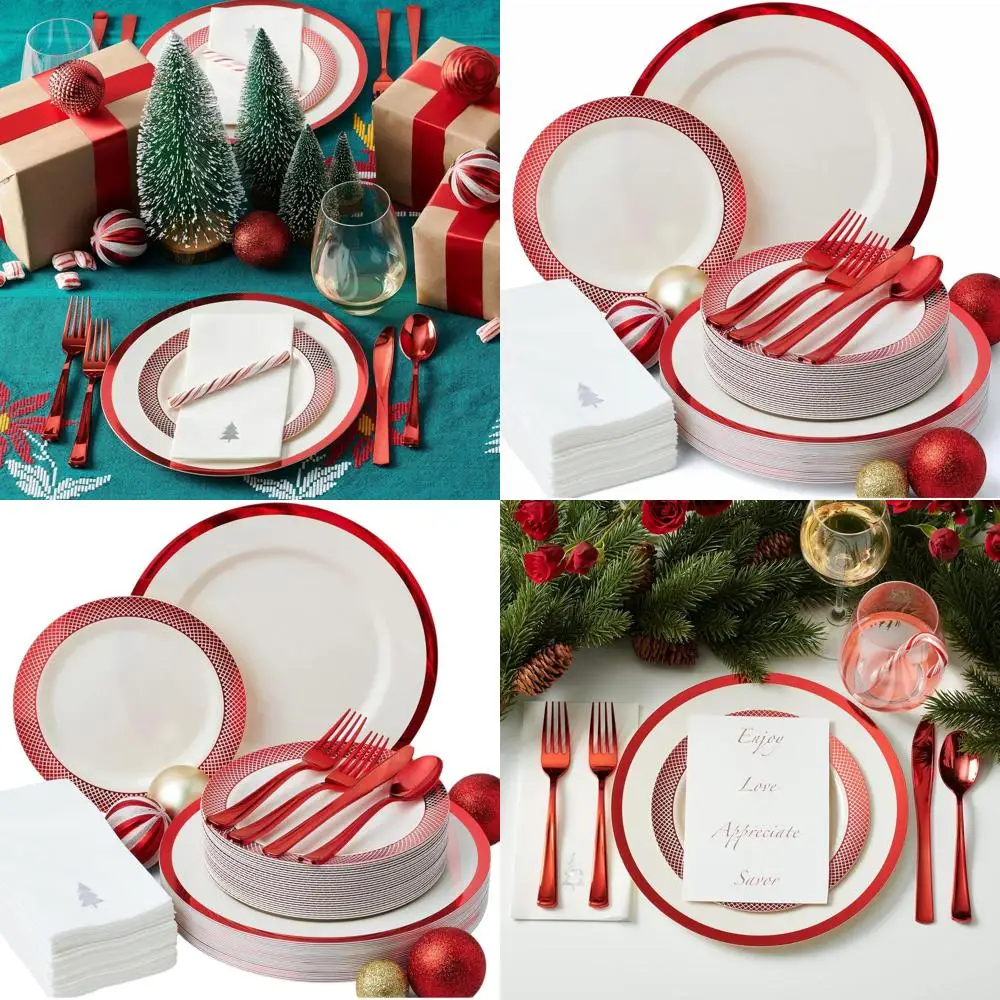 

Ivory & Red 175-Piece Christmas Dinnerware Set with Silverware and Premium Napkins for 25 Guests