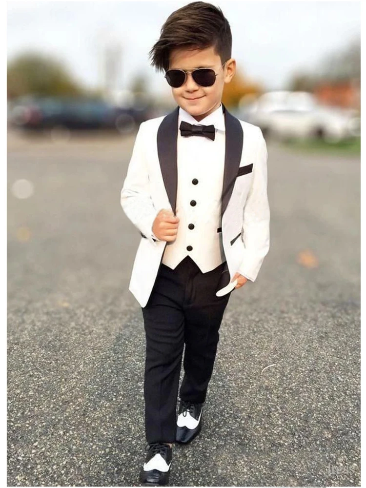 Flower Boys White Wedding Suit Kids Clothes Set Teenager Birthday Party 3 Pcs Tuxedo Children Graduation Stage Costume