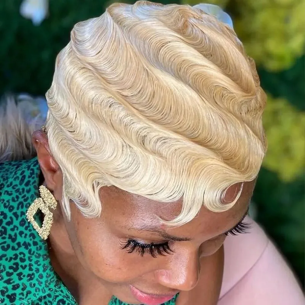 613 شقراء عابث قطع شعر مستعار قصير إصبع موجة الشعر البشري آلة كاملة المصنوعة للنساء عابث قطع الباروكات للمرأة #1