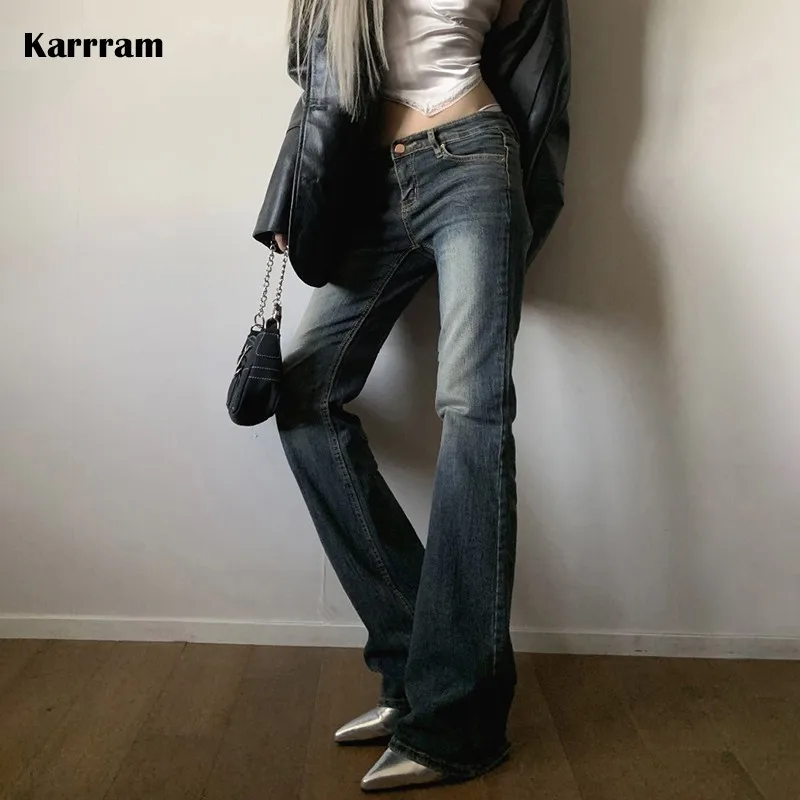 Karrram Vintage Y2k Distressed jeans Trashy 2000s Grunge Flare Jeans Korean Popular Denim Pant American Retro Streetwear 90s