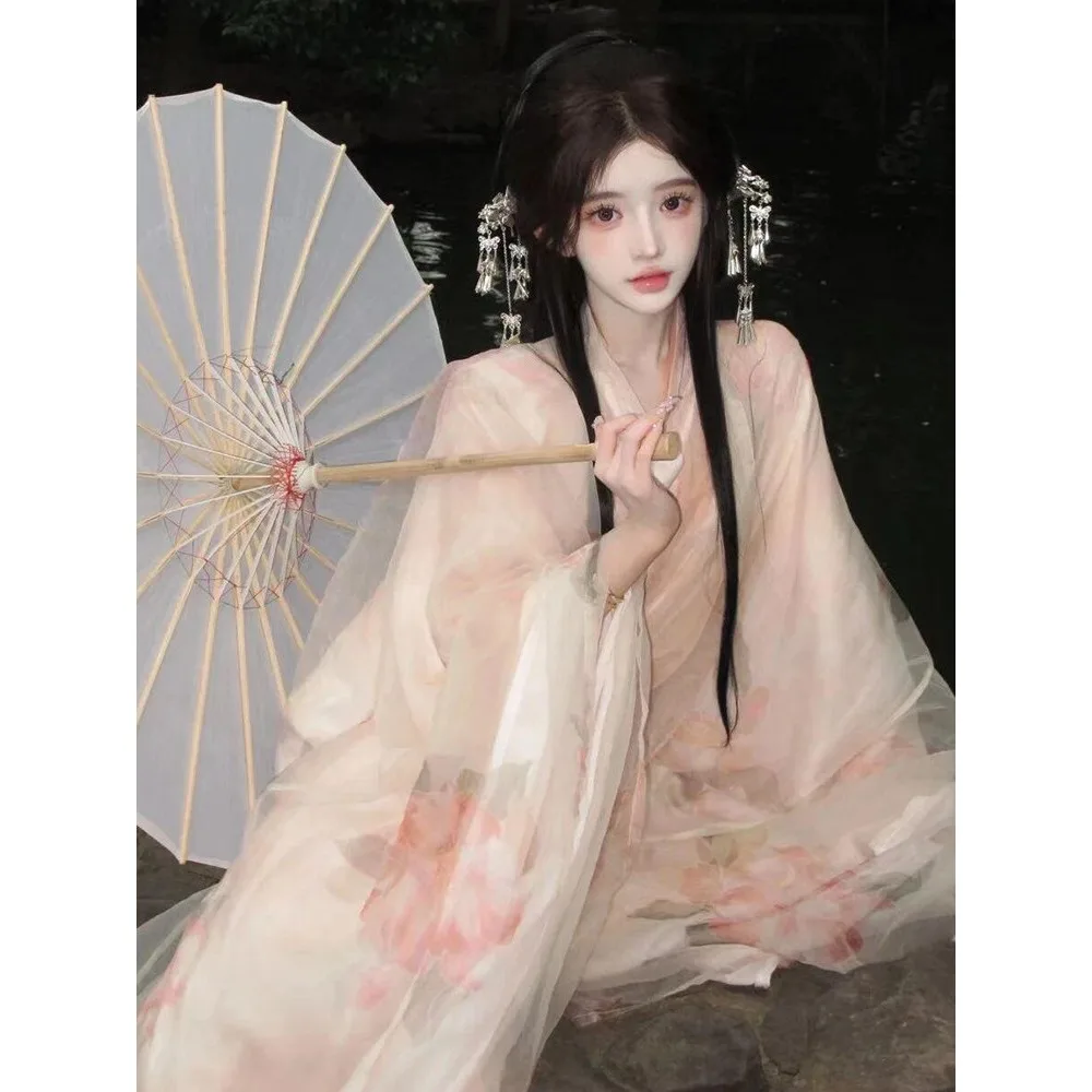 

Новое розовое ханьфу для женщин, традиционный китайский костюм для взрослых, элегантное платье-руцюнь с широкими рукавами в стиле феи