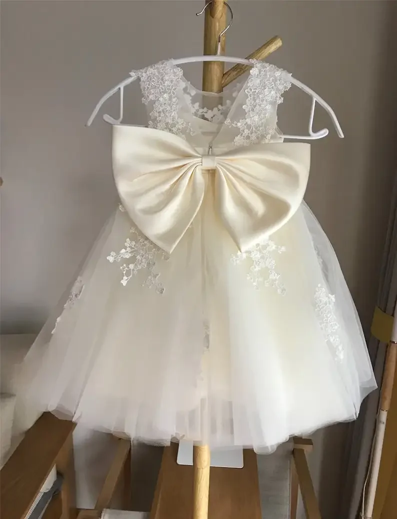 

Custom New Ivory Lace tulle flower girl dress, illusion birthday girl dress with lace applique girls party dress princess dress