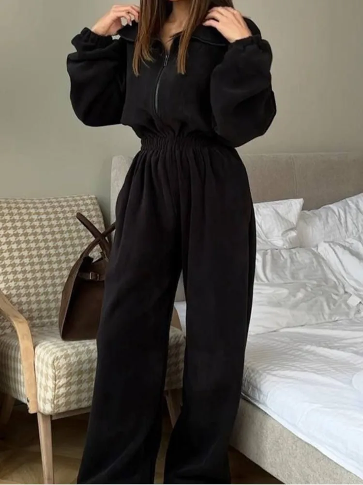 

Модный однотонный комбинезон, женский повседневный комбинезон с длинным рукавом и отложным воротником на молнии, прямые брюки с высокой талией, женские праздничные уличные комбинезоны