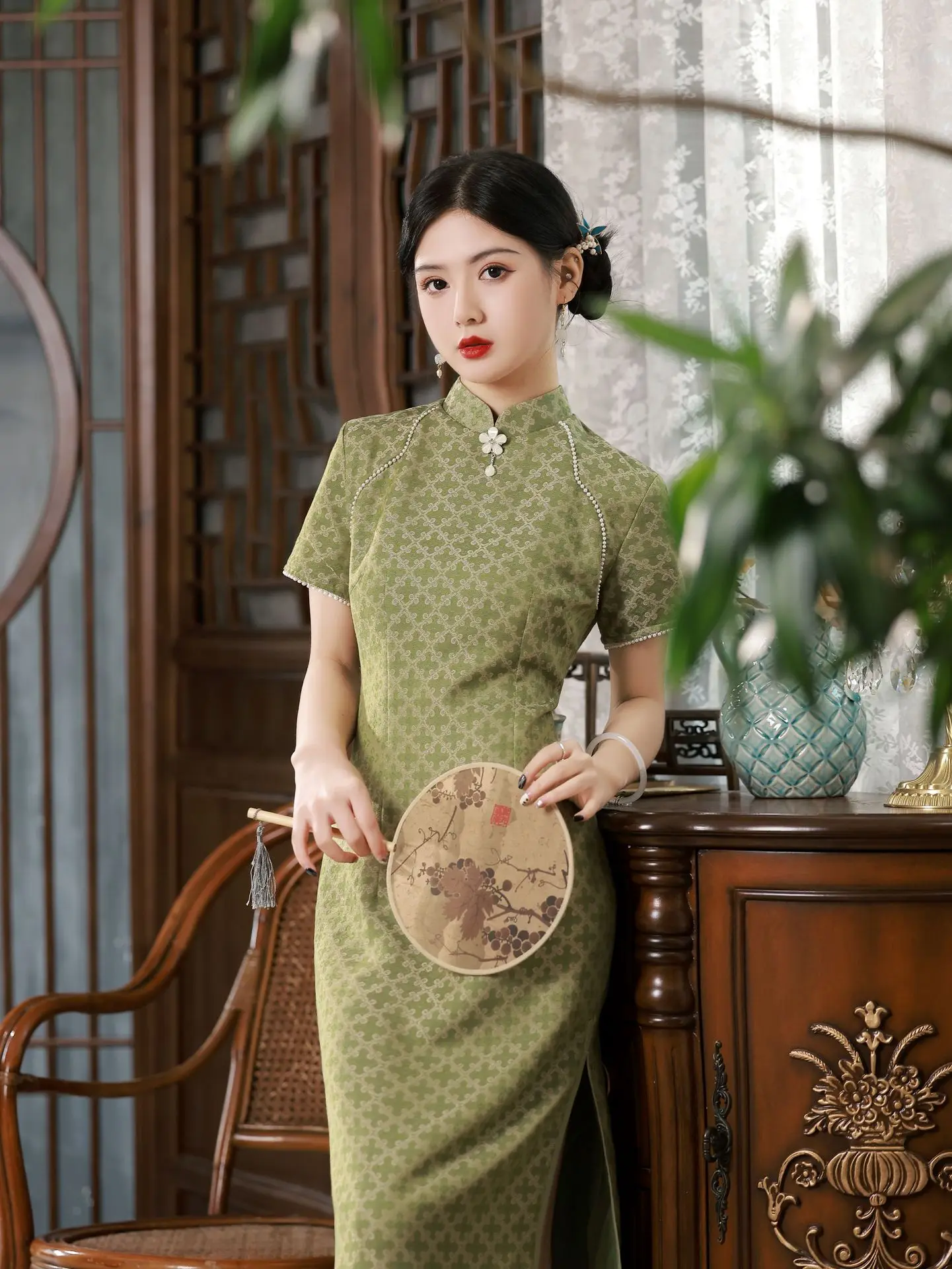 

Girls' Cheongsam 2023 Spring New Chinese Style Young Style Simple And Elegant Qipao Green Daily Tang Suit Hanfu Dress For Women