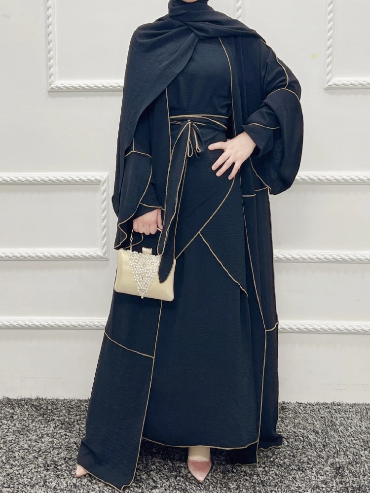 Abaya Kimono de 3 piezas para mujer, conjunto musulmán a juego, Abayas abiertas de crepé, Hijab de Dubái y Turquía, vestido largo con falda