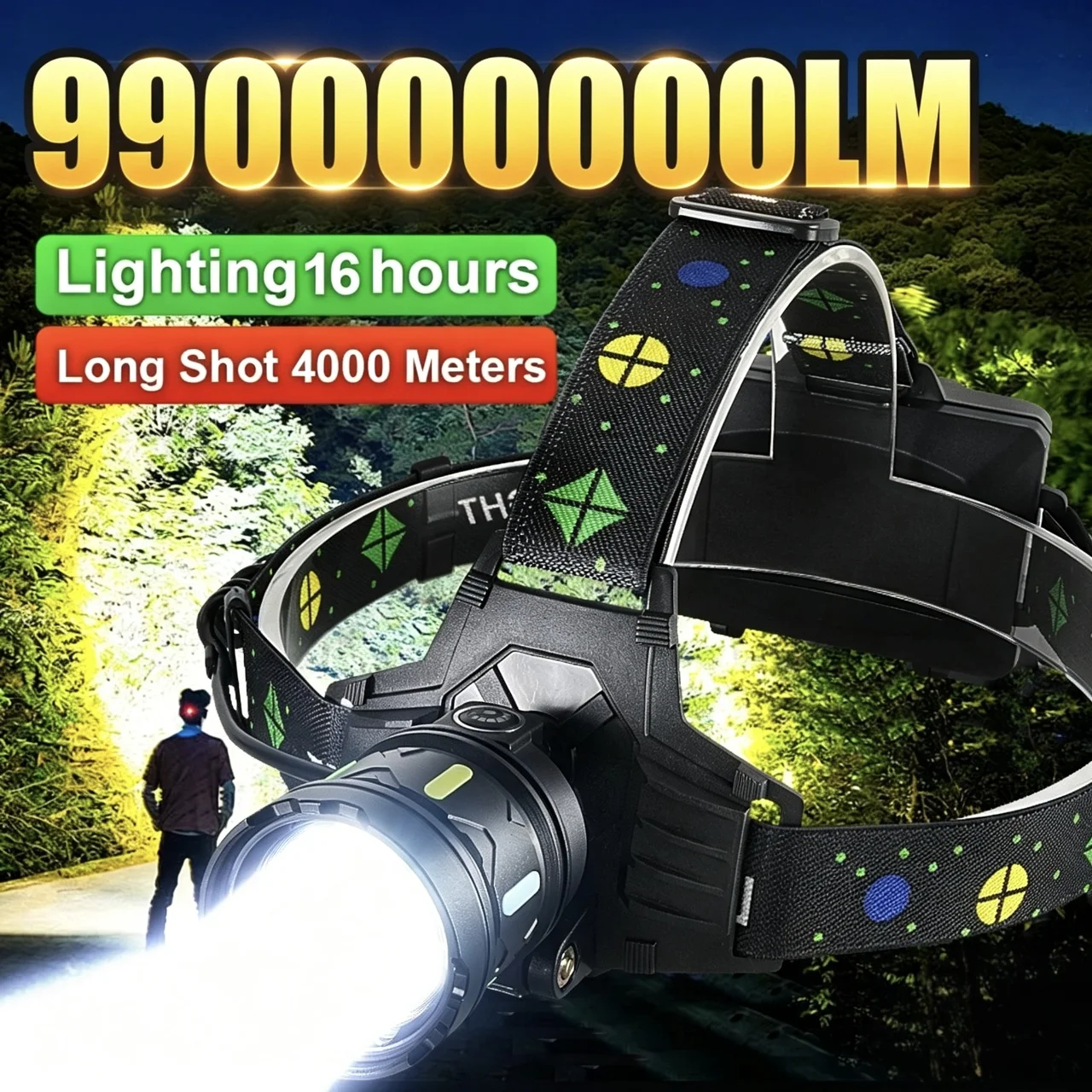 990000000LM Most Powerful Headlamp White/Yellow Lights Rechargeable LED Headlights Lighting 4km Camping Fishing Head Flashlight