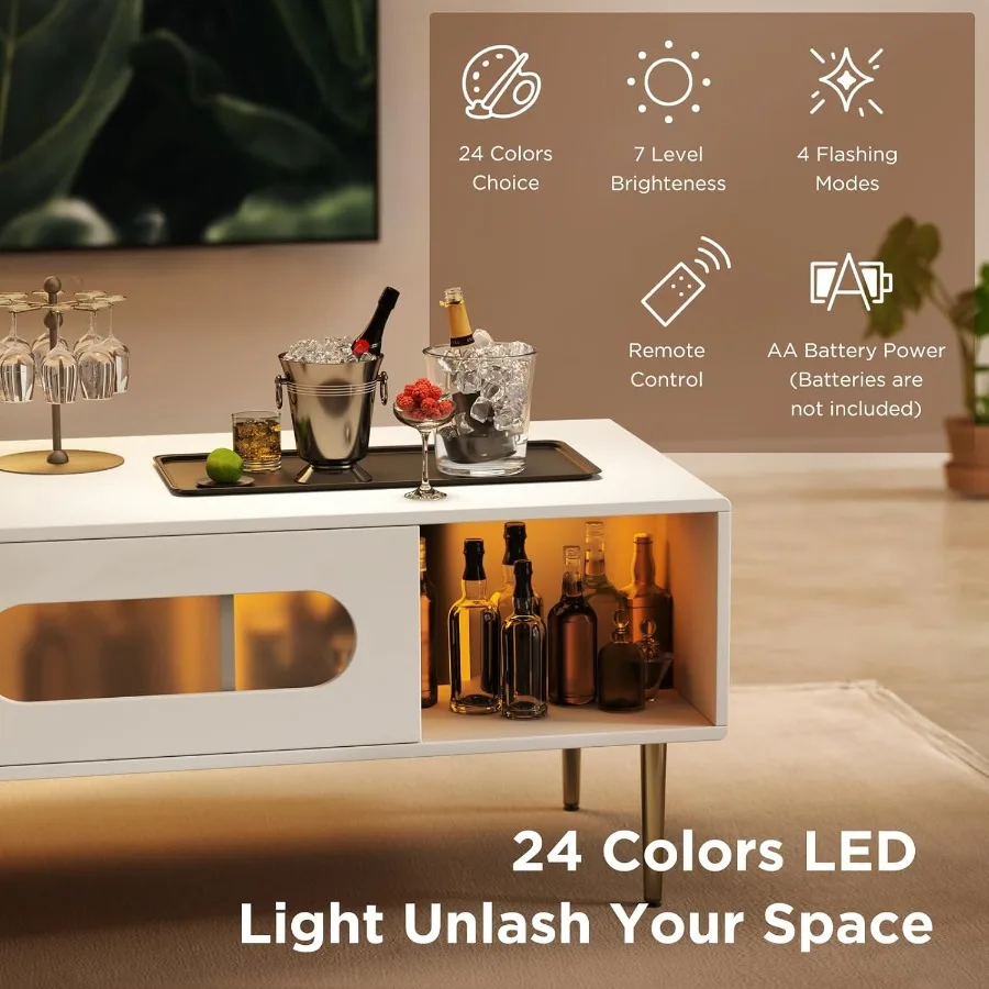 طاولة القهوة الحديثة لغرفة المعيشة LED طاولة غرفة المعيشة مع 4 حجرات تخزين شبه شفافة أبواب منزلقة لامعة فيني