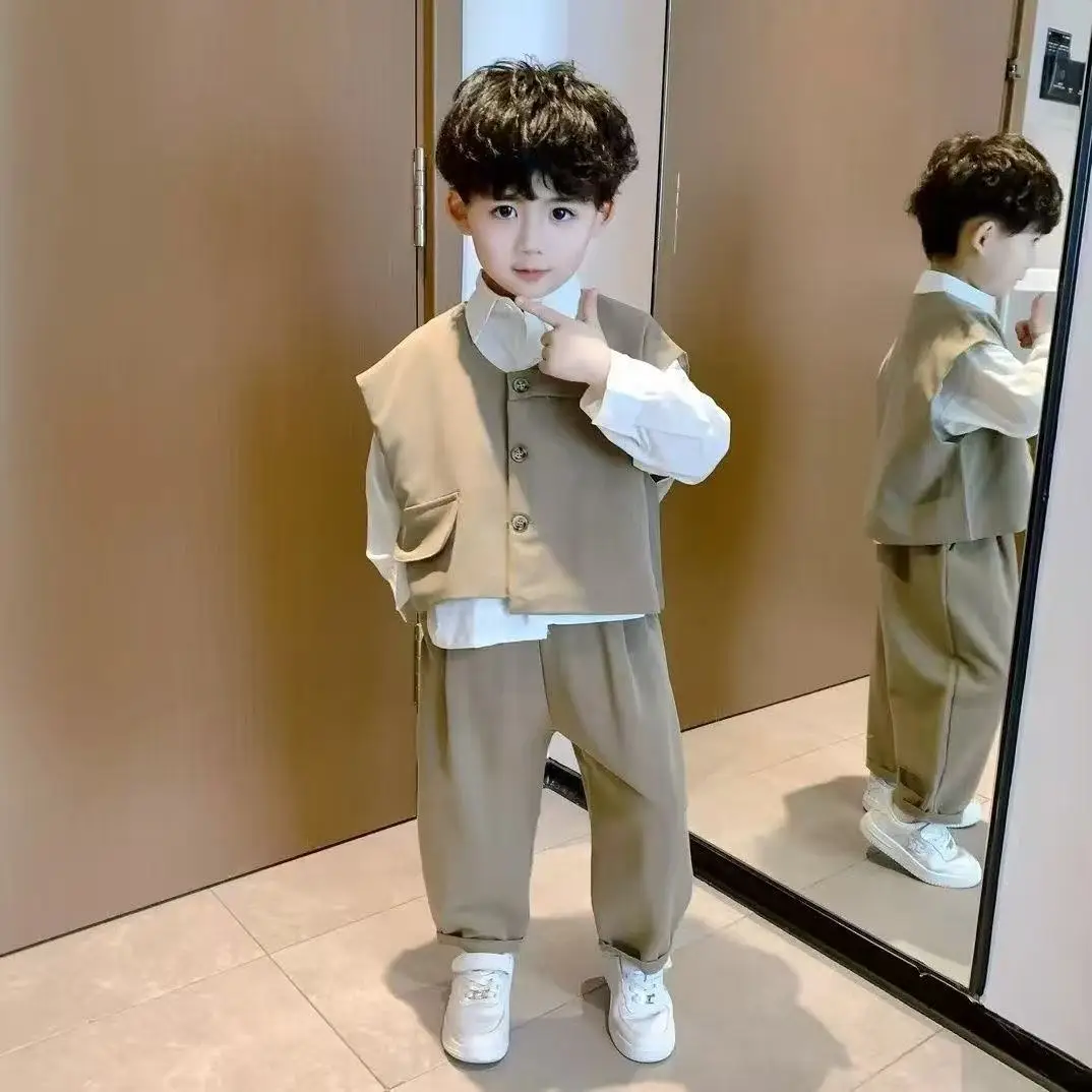 

Kids Boys' Autumn Shirt Set 2026 New Style Children's Baby Handsome Casual Suit Vest Pants Three-Piece Set 80-140CM