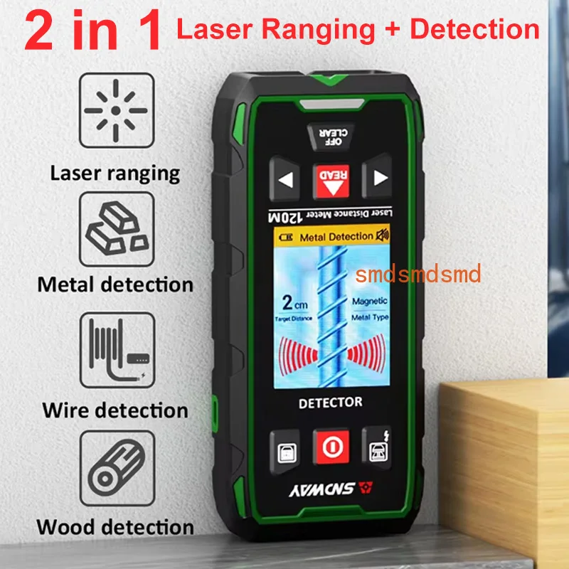 SW-6100GT 2-in-1 Laser Rangefinder Wall Scanner Metal Wood Stud Live Cable Detector 393ft/120M Laser Measurement Distance Meter