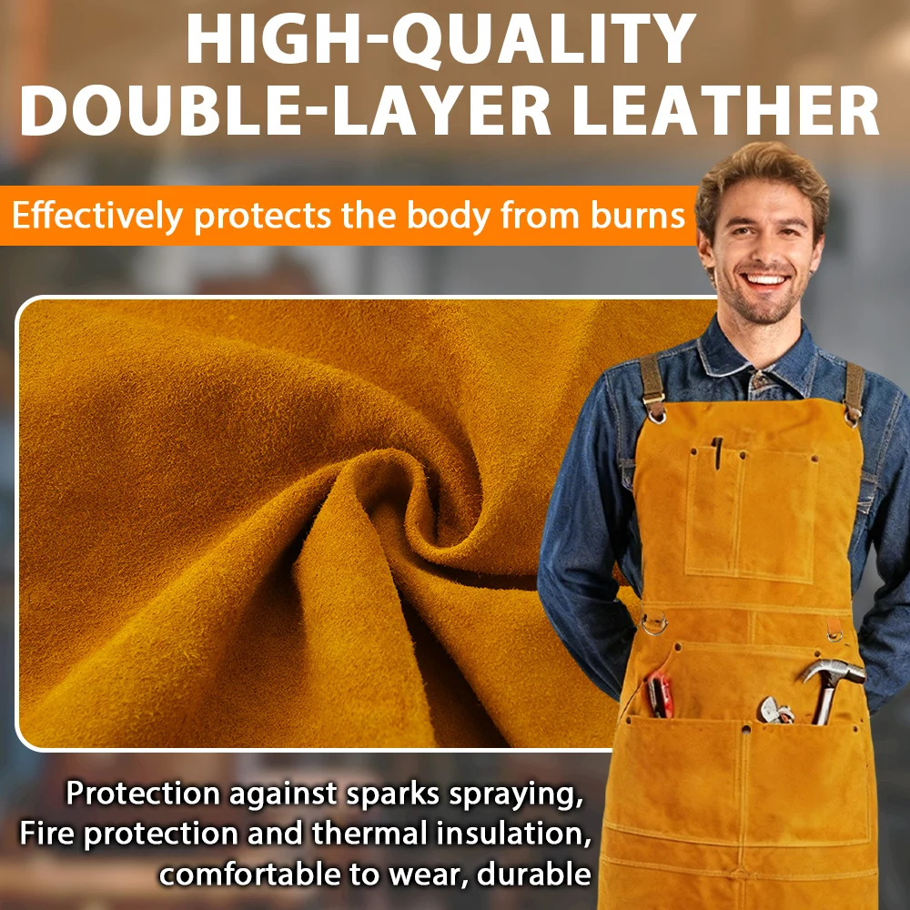 Cowhide Welding Apron Heavy Duty Apron Industrial Use Maximum Protection Tool Storage 6 Large Pockets Chest To Knees Coverage