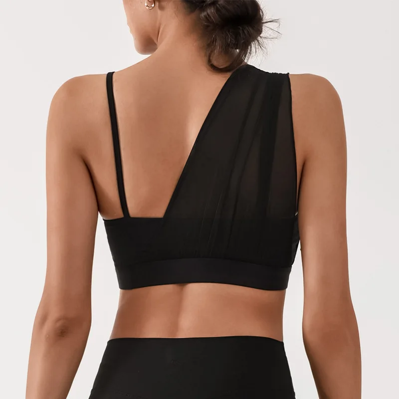 FUBEIKE Sports Bra For Women With Chest Pad Yoga Fitness Training Mesh Stitching Contrast Color High Elastic Quick-Drying Vest
