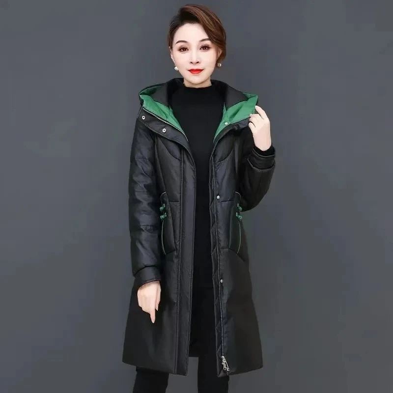 

High End Black Down Cotton Jacket 2024 New Winter Coat Middle Aged Mother Long Parkas Thicken Warm Puffer Overcoat Women Outwear