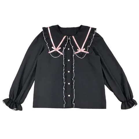 Kemeja Lucu Ruffles Pita Kerah Angkatan Laut Elegan Lengan Panjang Jepang Baru 2025 Atasan Hitam Longgar Serbaguna Pengurang Usia Anak Perempuan Manis