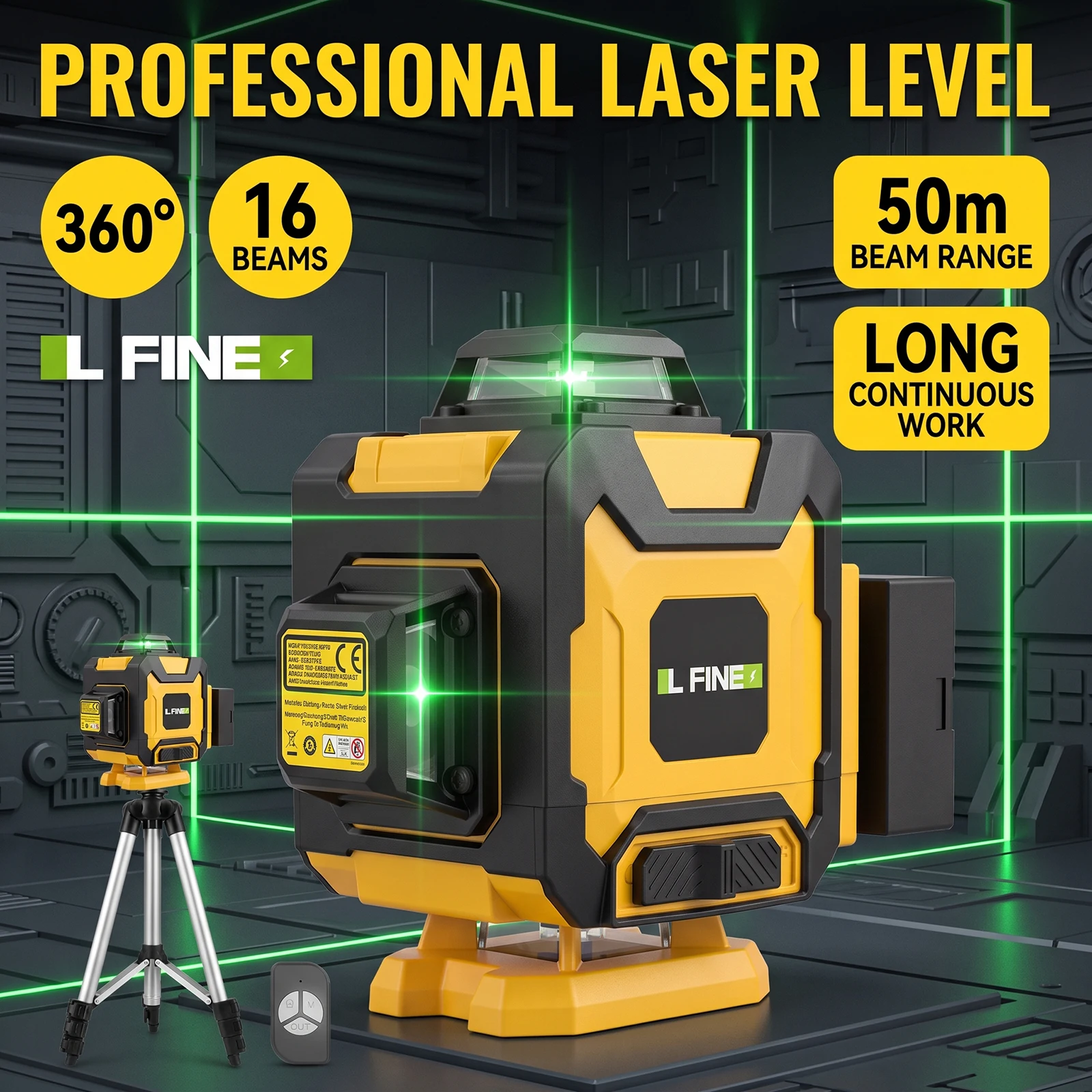 LFINE 4D 16-Line Green Laser Level - Self-Leveling High Precision Horizontal & Vertical Lines Laser Measuring Tool for Construct