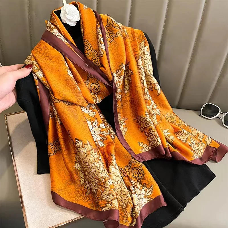 Women Silk Winter Scarf Luxury Design Print Lady Beach Shawl Scarves Fashion Smooth Foulard Female Hijab