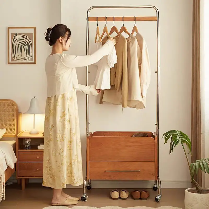 Stainless steel metal rod coat rack multi-layer storage rack household small apartment mobile hanger solid wood