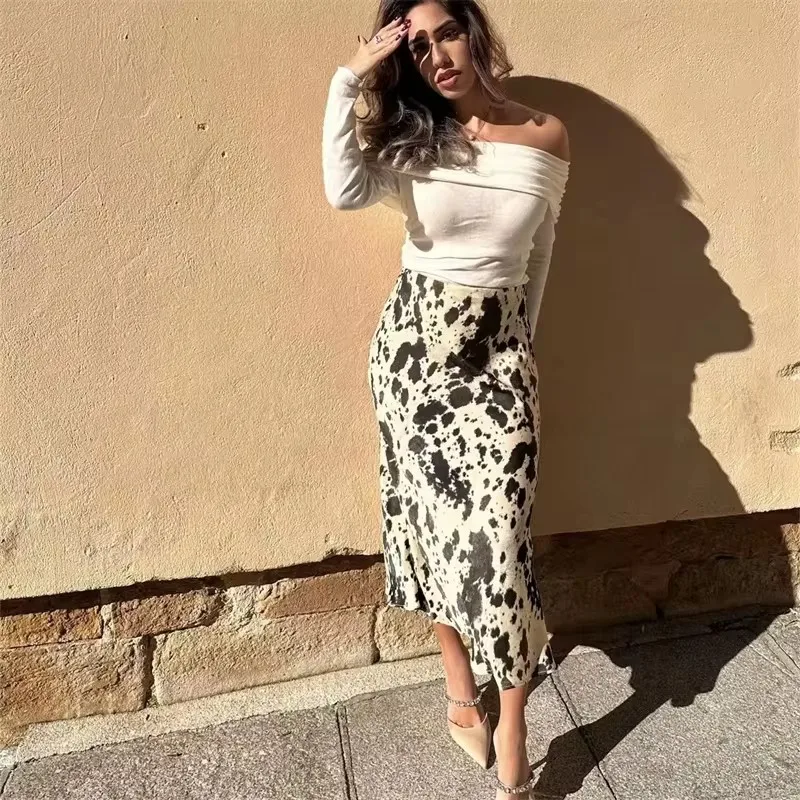 الربيع/الخريف الساخن بيع المرأة الجديدة الحيوان نمط المطبوعة الحرير الساتان الملمس وتنورة ميدي تنوعا #6