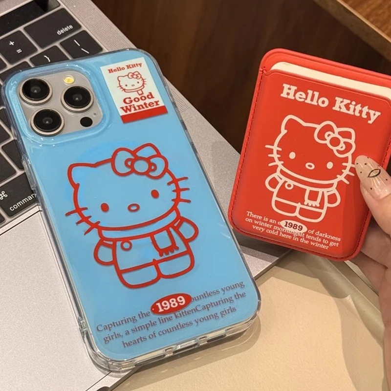 Sanrio Lines Hello Kitty Red Blue Contrasting INS Phone Case For iPhone 16 15 14 13 12 11 Pro Max XR XS Max 7 8 Plus MINI Y2k