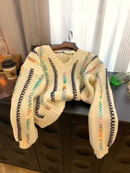 2023 Harajuku Full Sleeves V-Neck Jumpers Women Fashion Casual Streetwear Chic Gyaru Sweaters Mori Girl Pullovers Kpop Hiphop