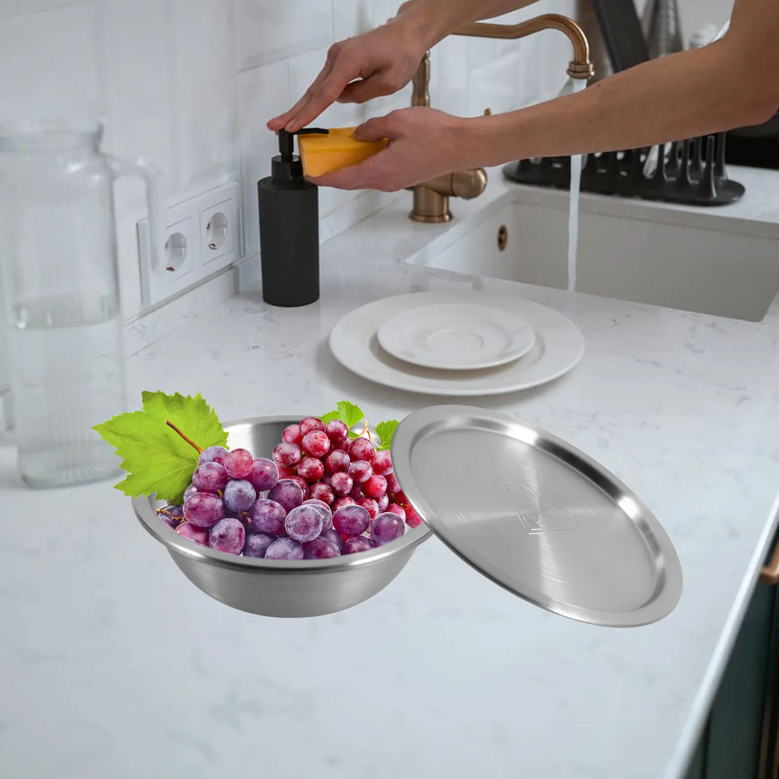 

1Set Stainless Steel Soup Basin Flat Bottom Multipurpose Kitchen Vegetable Washing Salad Mixing Large Metal Mixing Bowl