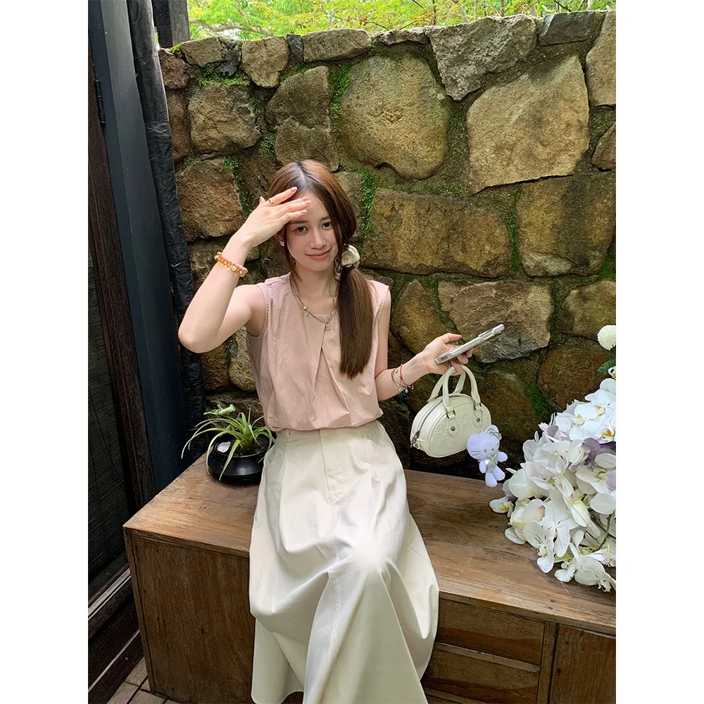 

Pijiuu Women's Sleeveless Casual Shirt Pink Summer New Style 2024 Design Sense Vest Comfortable Fit Other Material 100%