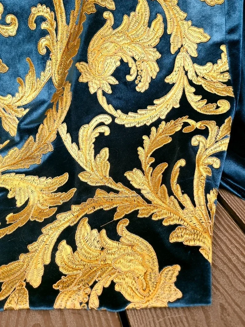 Villa Palace High Windows Customized Gold Embroidery Lace Blue Velvet Curtains for Living Room Bedroom High-end French Baroque