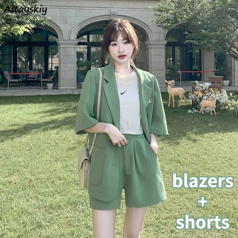 

Women Sets Blazers Shorts Summer Cool Loose Basic OL Preppy Streetwear Retro Kawaii Fashion Youth Girlish Vacation Mujer Casual