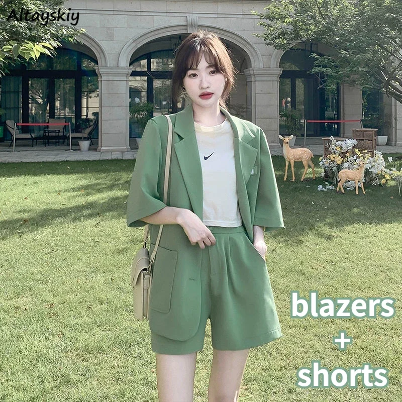 Women Sets Blazers Shorts Summer Cool Loose Basic OL  Preppy Streetwear Retro Kawaii Fashion Youth Girlish Vacation Mujer Casual