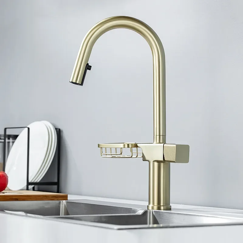 

Pull out Kitchen faucet Brushed Gold kitchen sink Mixer tap kitchen faucet vanity water tap Rotating with Basket Holder