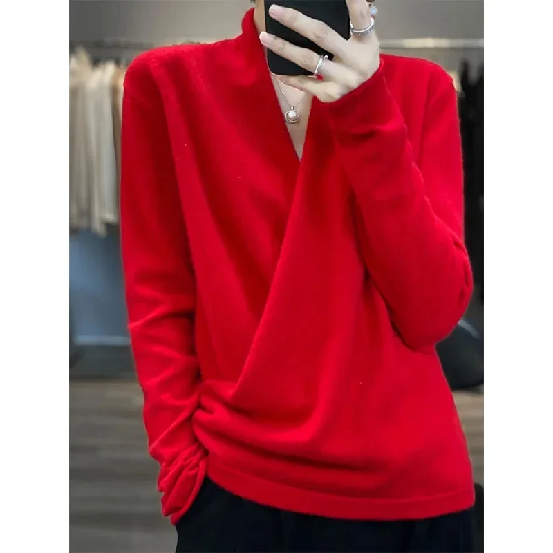 2024 Autumn Fashion Tops 100% Pure Wool Knitted Sweaters Women V-neck Long Sleeve Cashmere Knitwear Winter New Female Jumpers